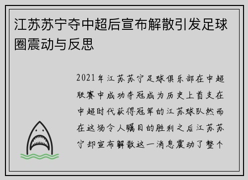 江苏苏宁夺中超后宣布解散引发足球圈震动与反思 江苏苏宁夺中超后宣布解散引发足球圈震动与反思