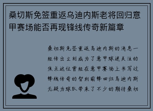 桑切斯免签重返乌迪内斯老将回归意甲赛场能否再现锋线传奇新篇章